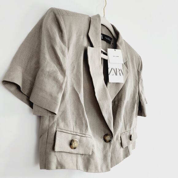 Zara Neutral Khaki Beige Short Sleeve Cropped Linen Blazer Jacket Size Medium - Picture 6 of 10